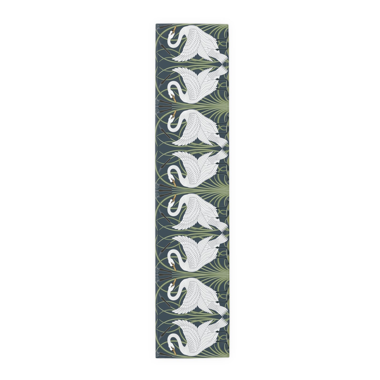 Decorative mat with white swan design on a green background