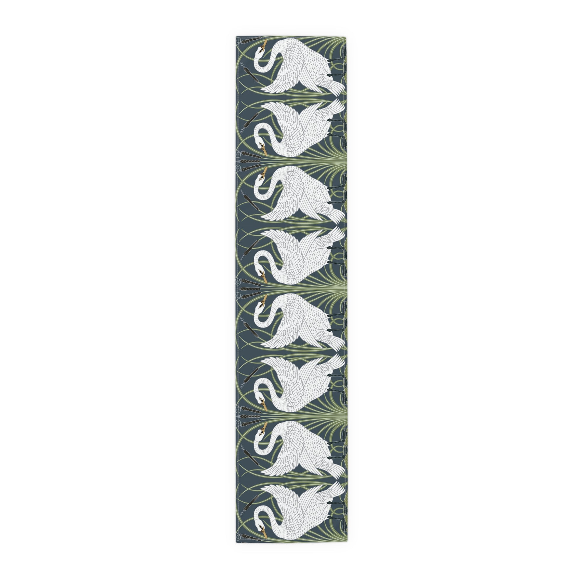 Decorative mat with white swan design on a green background