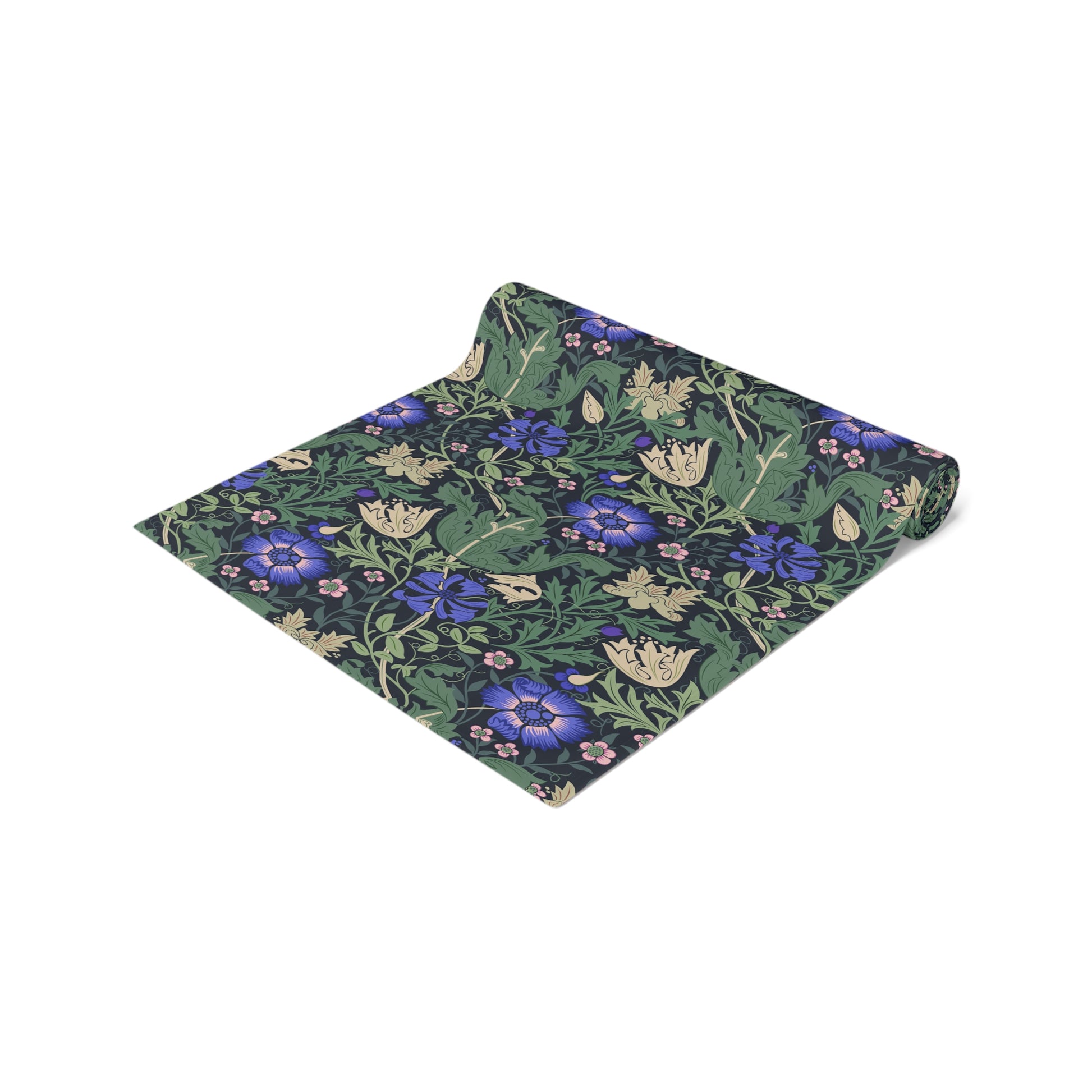 Roll of floral-patterned fabric on a white background