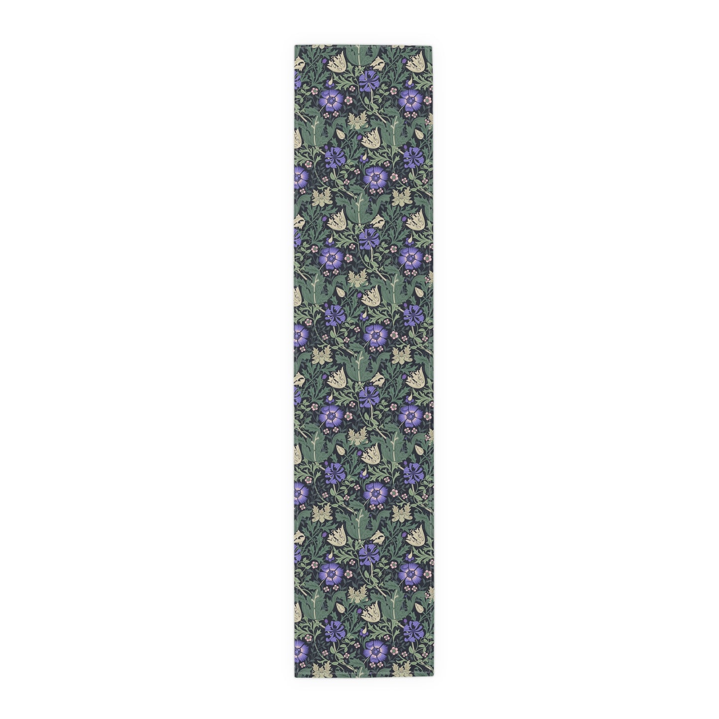 Floral patterned mat with purple flowers and green leaves on a white background
