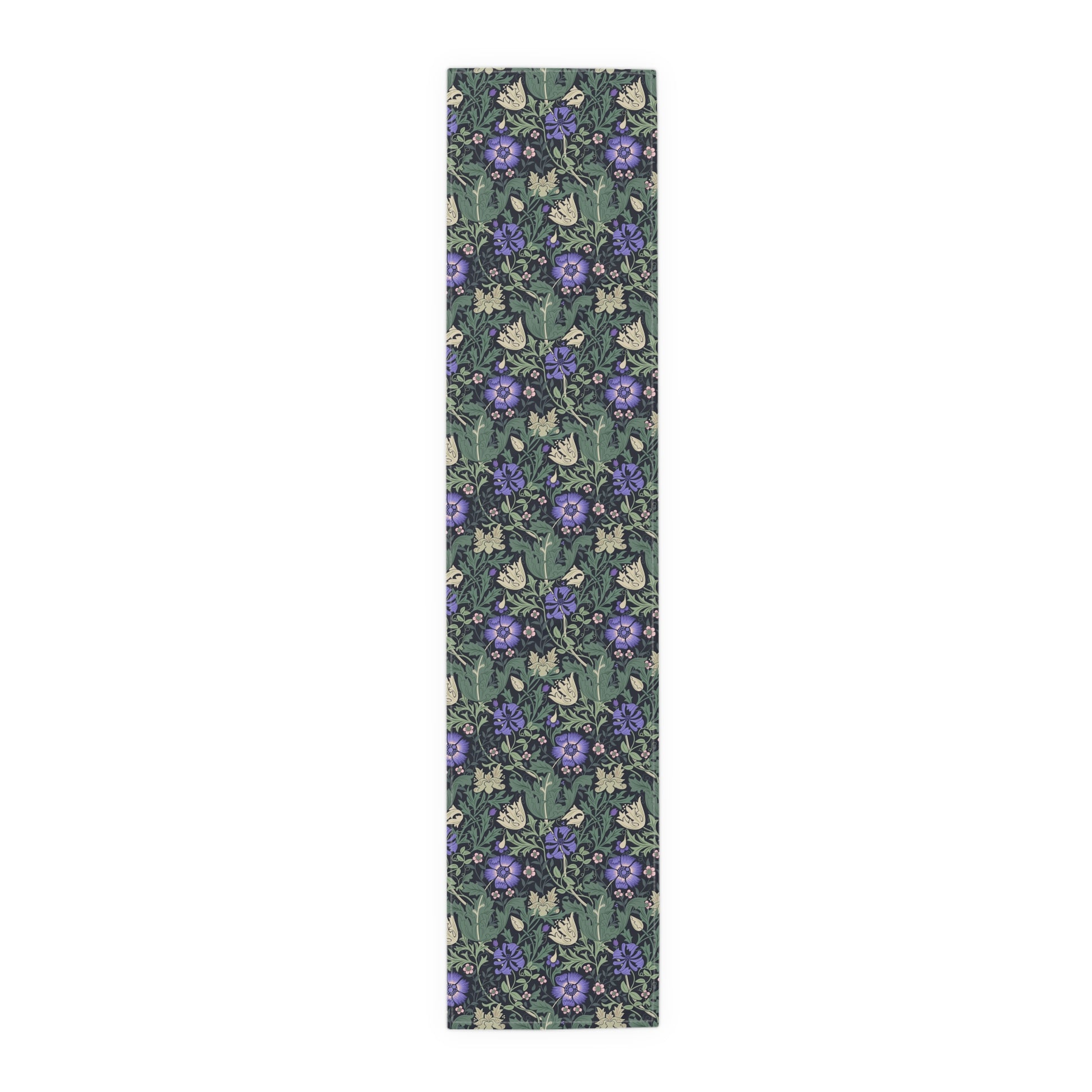 Floral patterned mat with purple flowers and green leaves on a white background