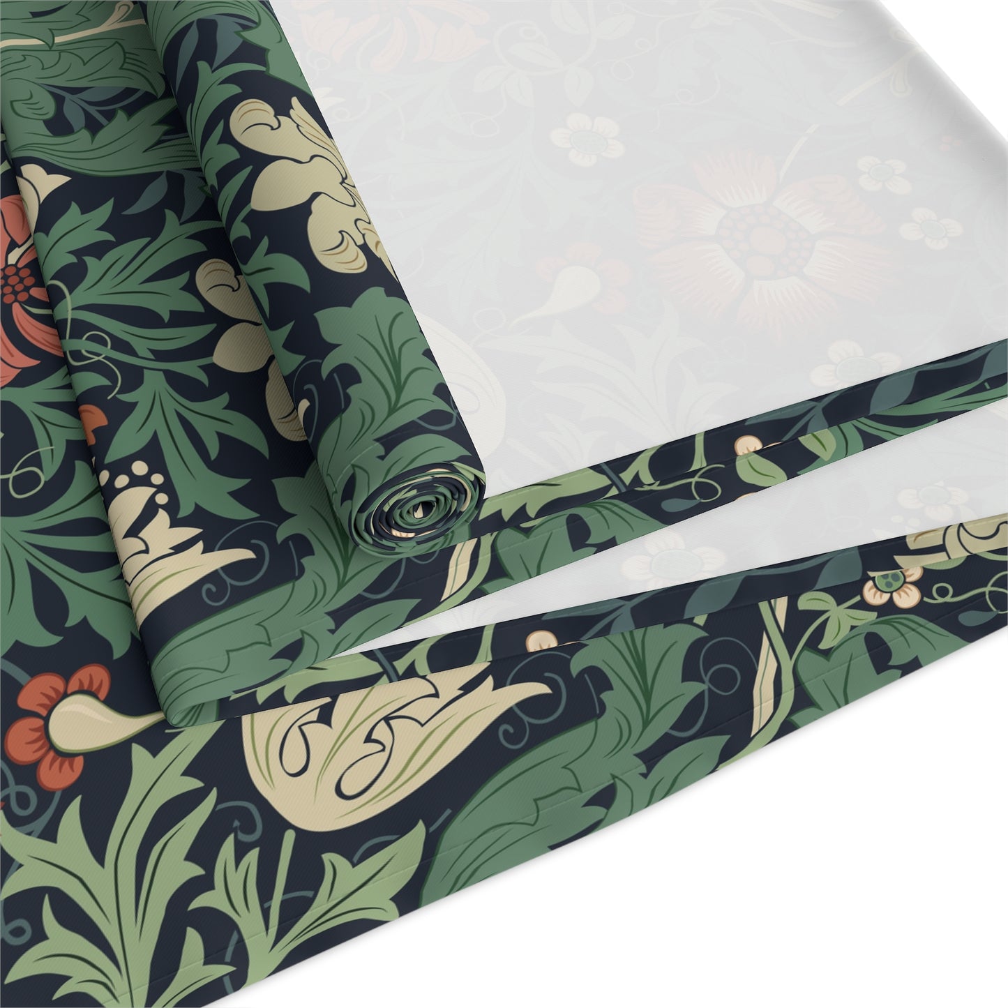Roll of fabric with a floral pattern on a white background