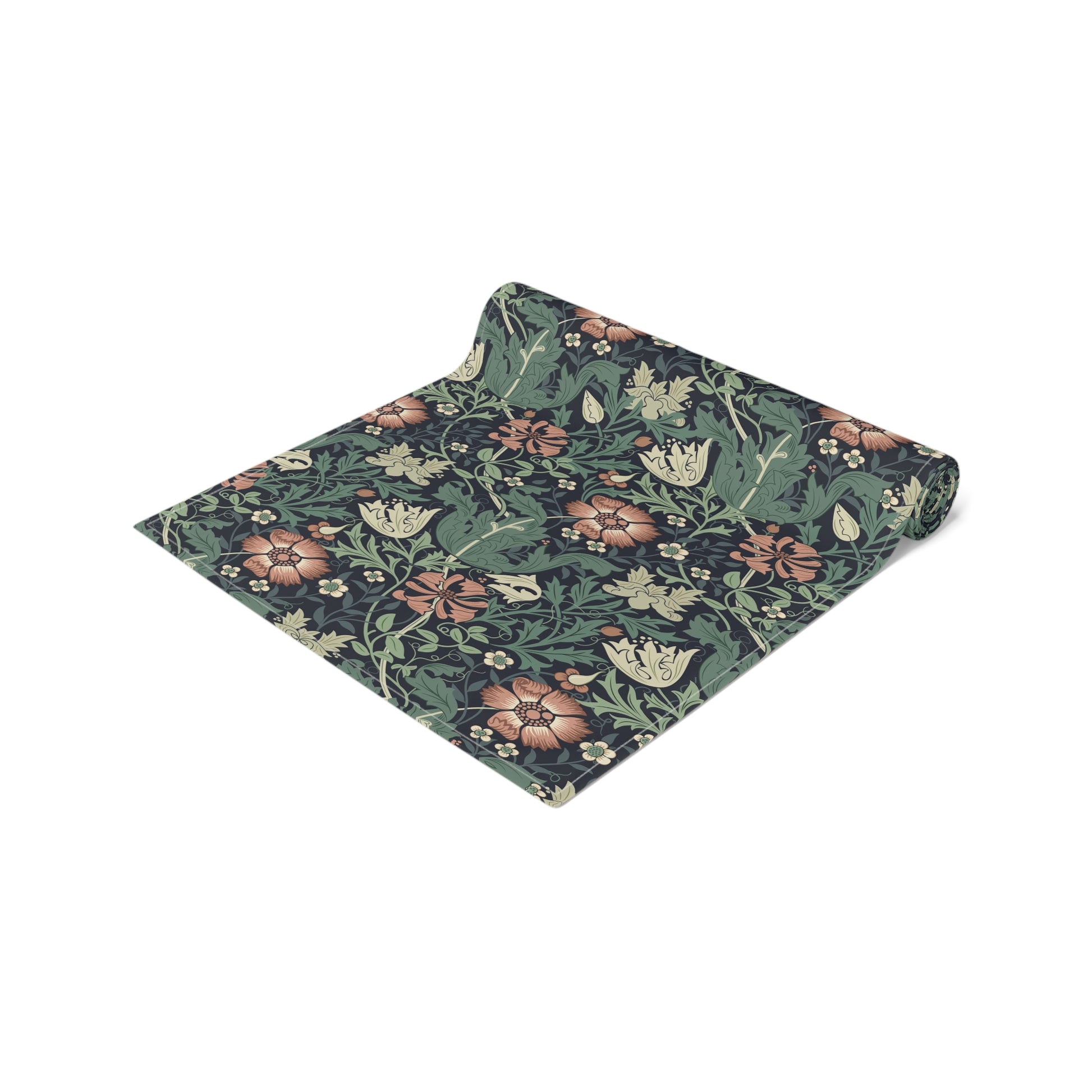 Roll of floral-patterned fabric on a white background
