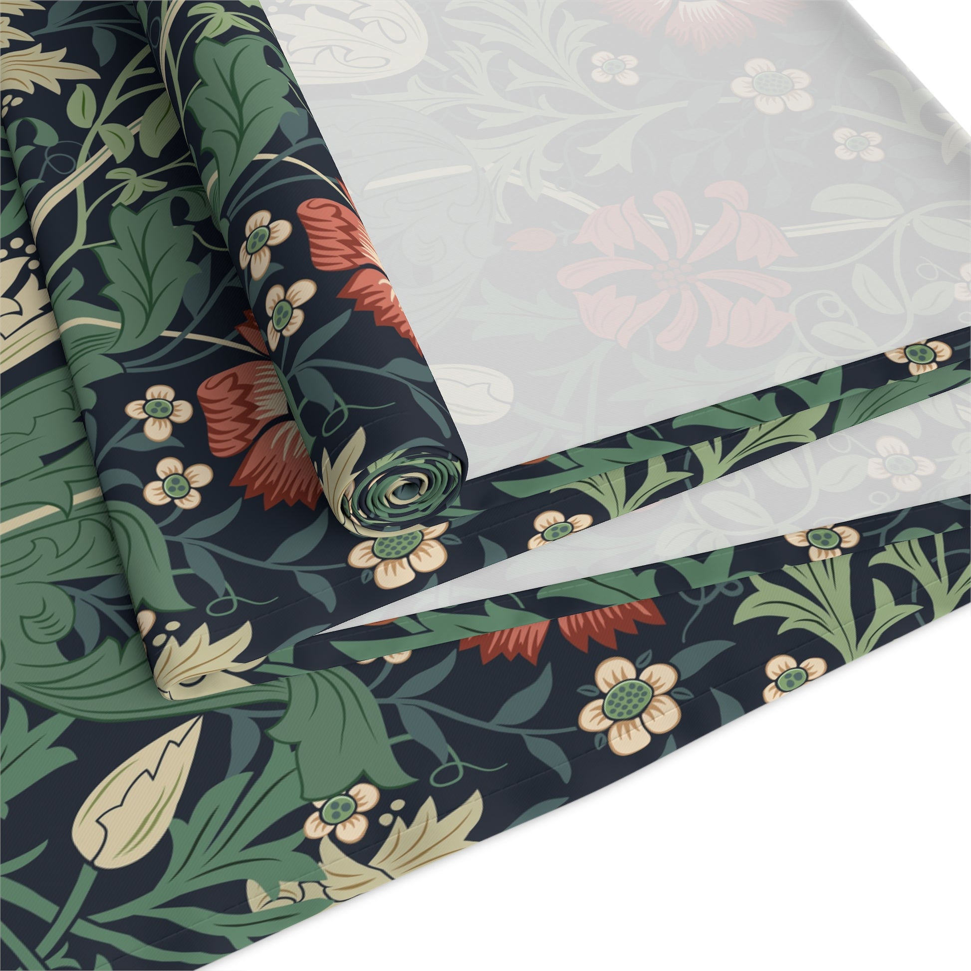 Roll of floral-patterned fabric with green, red, and beige colors on a white background.