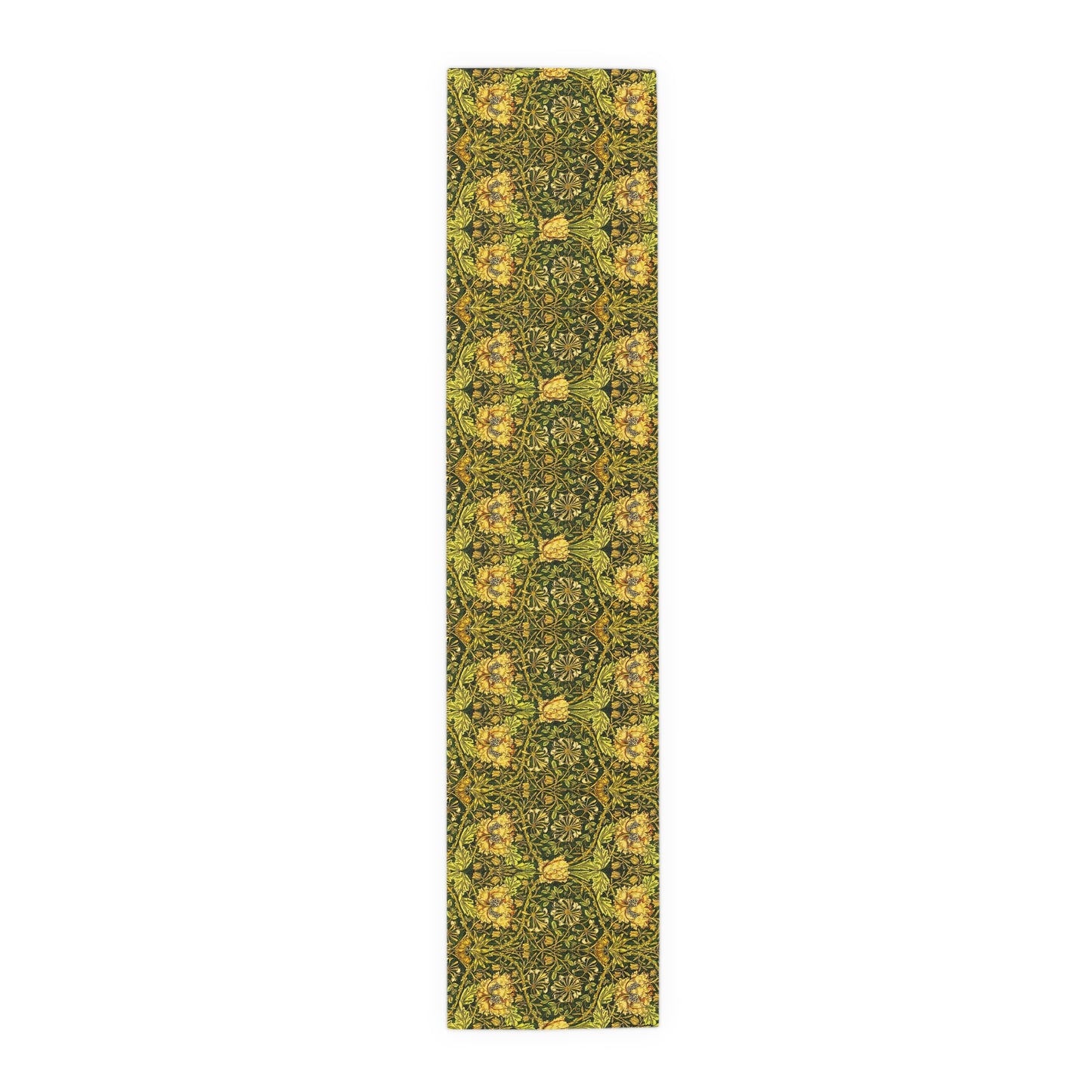 A floral patterned table runner in gold and green shades, laid out on a dining table with place settings and decorative flowers.