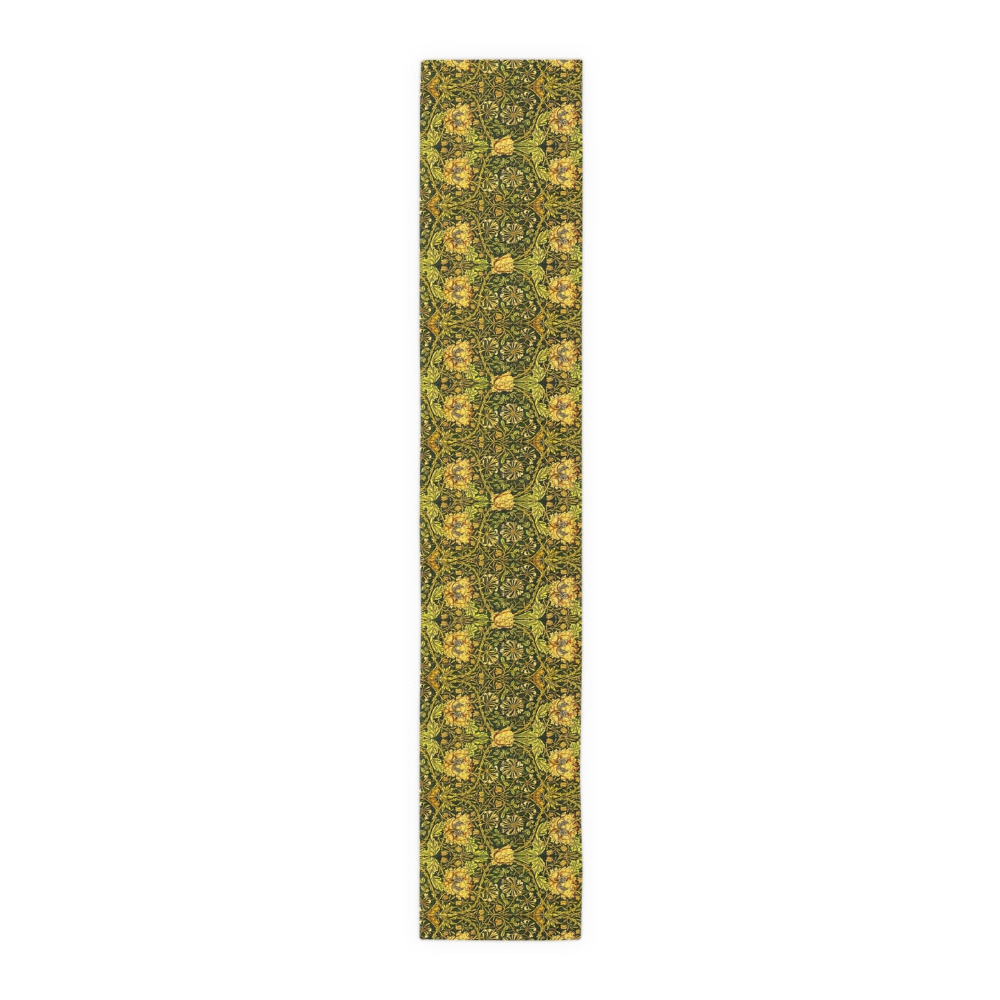 A floral patterned table runner in gold and green shades, laid out on a dining table with place settings and decorative flowers.