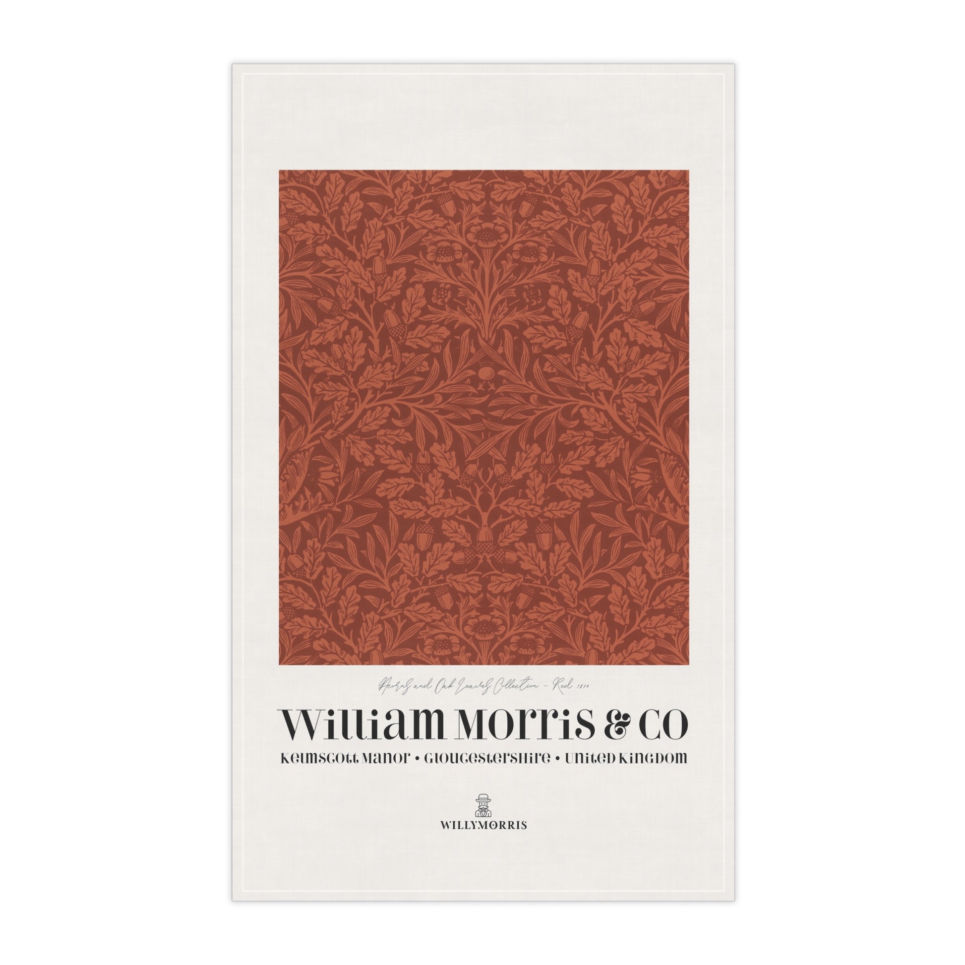 Te towel with red floral pattern and 'William Morris & Co' branding on a white background