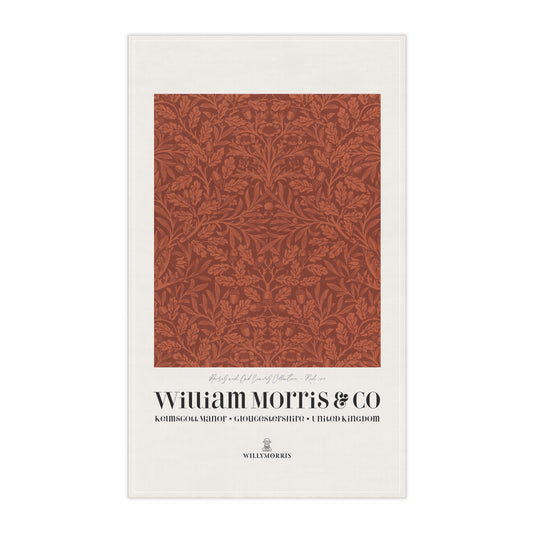 Te towel with red floral pattern and 'William Morris & Co' branding on a white background
