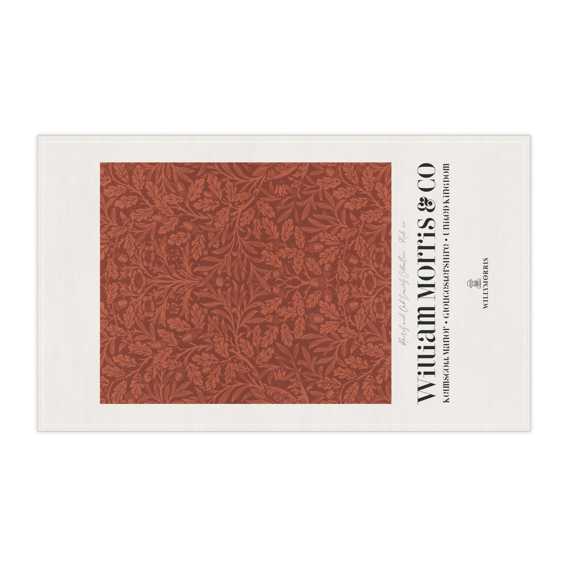 Rectangular tea towel with red floral pattern on a white background, featuring the brand 'William Morris & Co'.