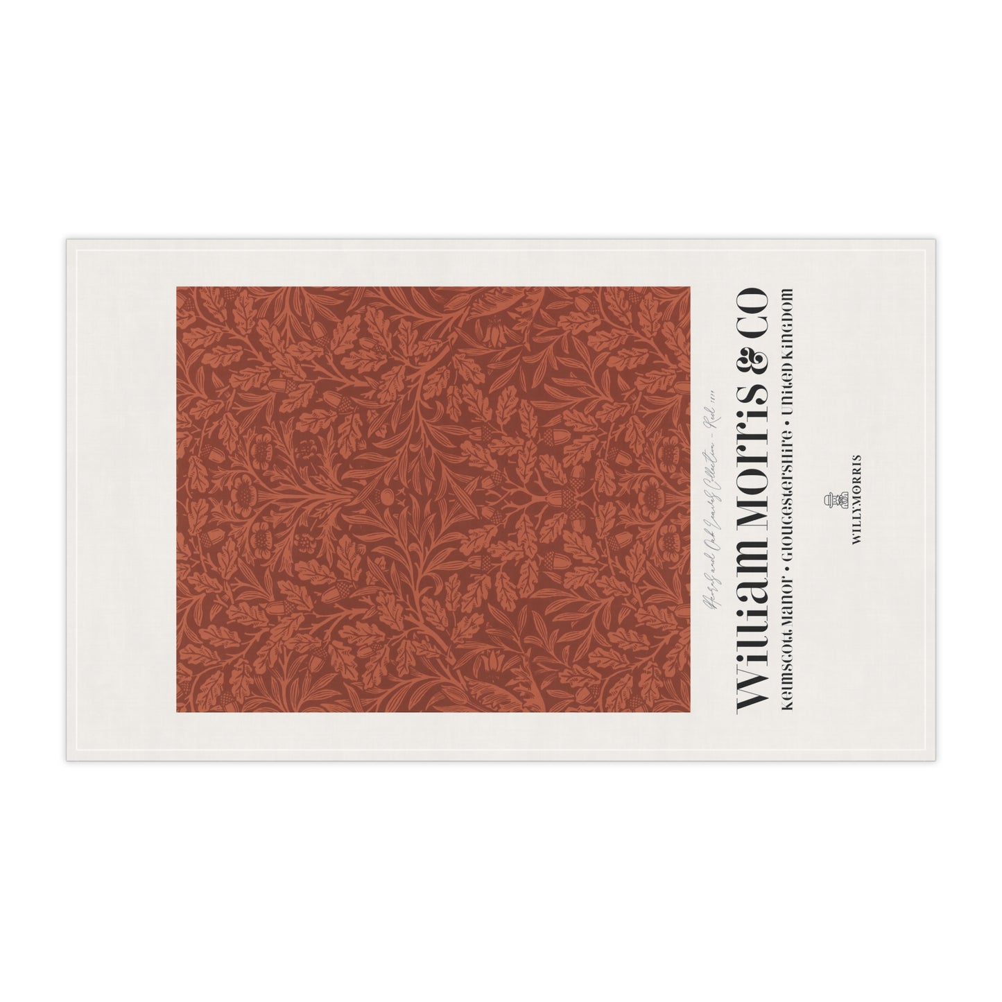 Rectangular tea towel with red floral pattern on a white background, featuring the brand 'William Morris & Co'.