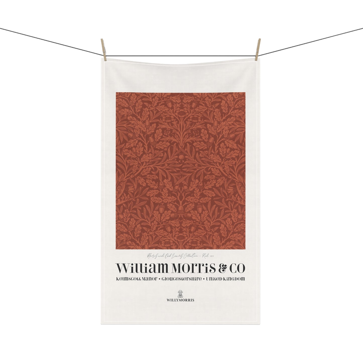 Tea towel with red pattern on a white background, featuring the brand 'William Morris & Co'.