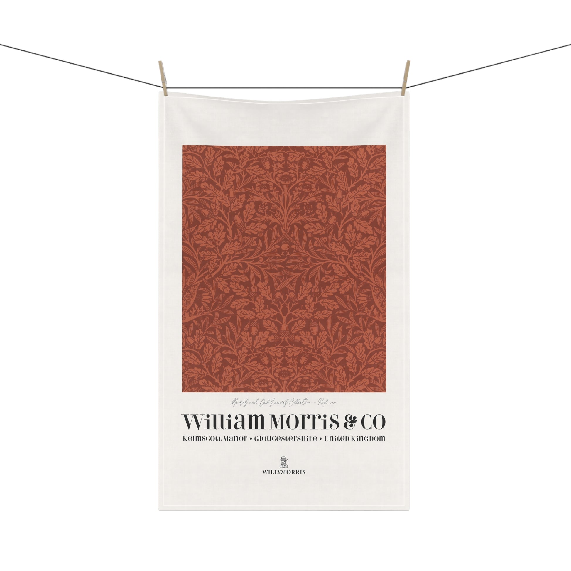 Tea towel with red pattern on a white background, featuring the brand 'William Morris & Co'.