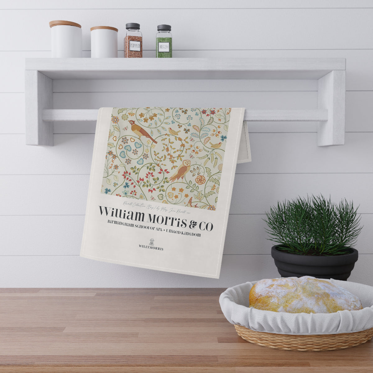 Tea Towel designed by William Morris & Co in a beige floral pattern called Newill Collection (Day) - Art Print on a Tea Towel