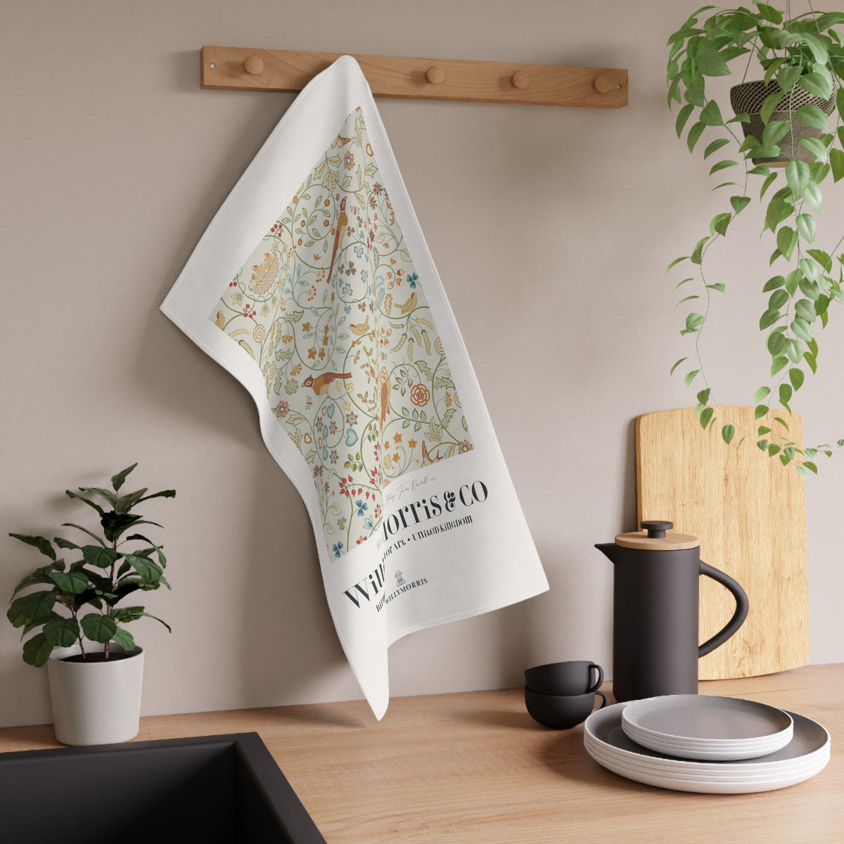 Tea Towel designed by William Morris & Co in a beige floral pattern called Newill Collection (Day) - Art Print on a Tea Towel