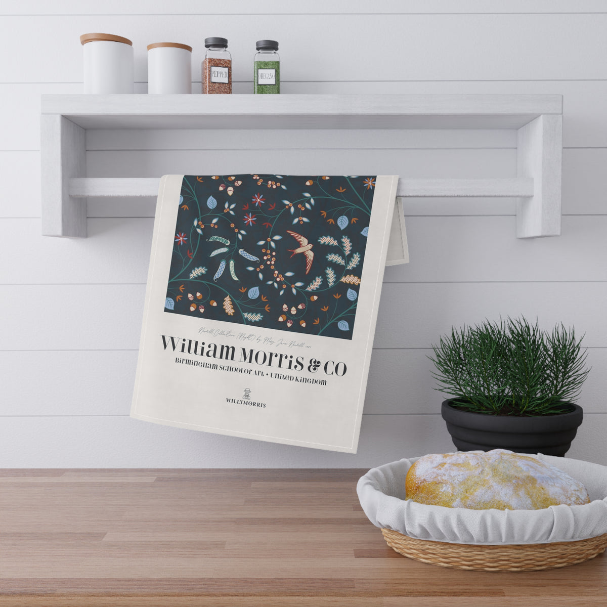 Tea Towel designed by William Morris & Co in a dark blue floral pattern called Newill Collection (Night) - Art Print on a Tea Towel