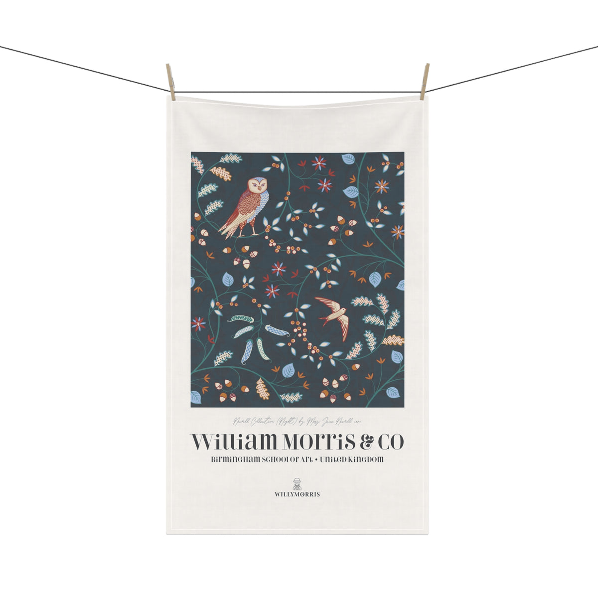 Tea Towel designed by William Morris & Co in a dark blue floral pattern called Newill Collection (Night) - Art Print on a Tea Towel