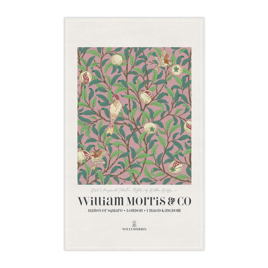 Tea Towel designed by William Morris & Co in a pink floral pattern called Bird & Pomegranate Collection (Rosella) - Art Print on a Tea Towel