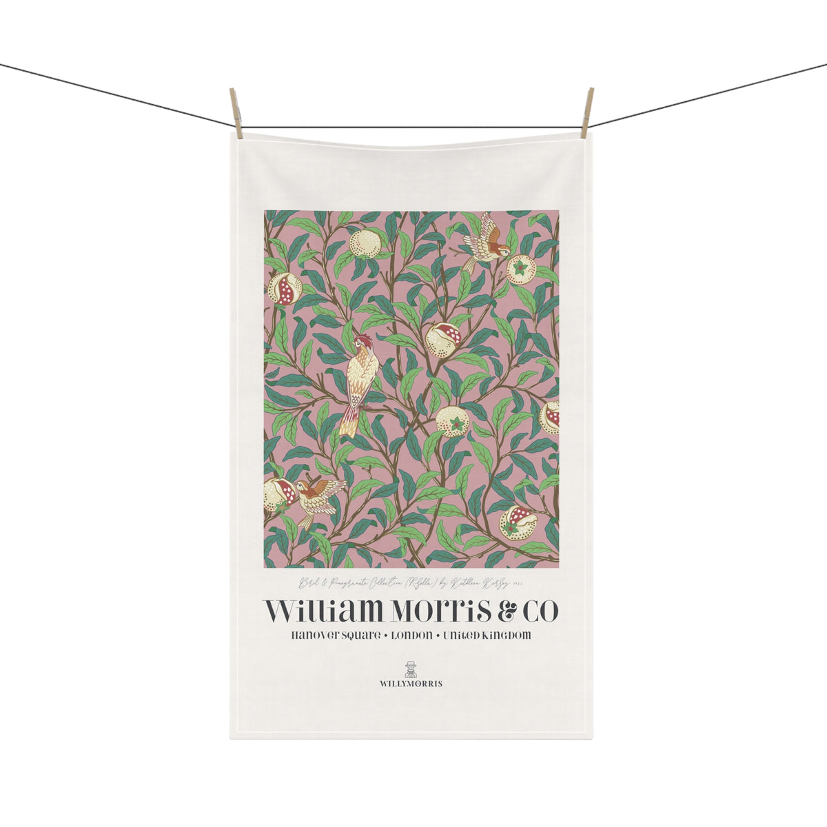 Tea Towel designed by William Morris & Co in a pink floral pattern called Bird & Pomegranate Collection (Rosella) - Art Print on a Tea Towel