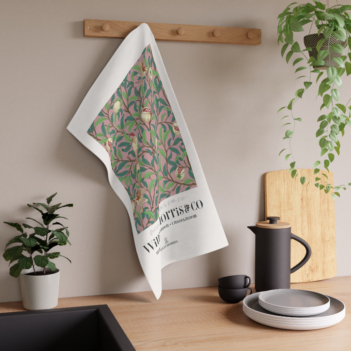 Tea Towel designed by William Morris & Co in a pink floral pattern called Bird & Pomegranate Collection (Rosella) - Art Print on a Tea Towel