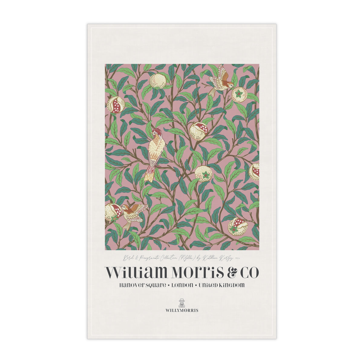 Tea Towel designed by William Morris & Co in a pink floral pattern called Bird & Pomegranate Collection (Rosella) - Art Print on a Tea Towel