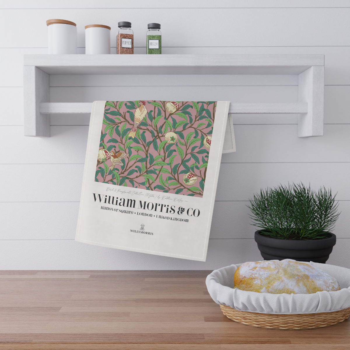 Tea Towel designed by William Morris & Co in a pink floral pattern called Bird & Pomegranate Collection (Rosella) - Art Print on a Tea Towel