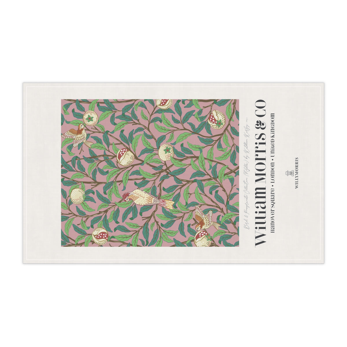 Tea Towel designed by William Morris & Co in a pink floral pattern called Bird & Pomegranate Collection (Rosella) - Art Print on a Tea Towel