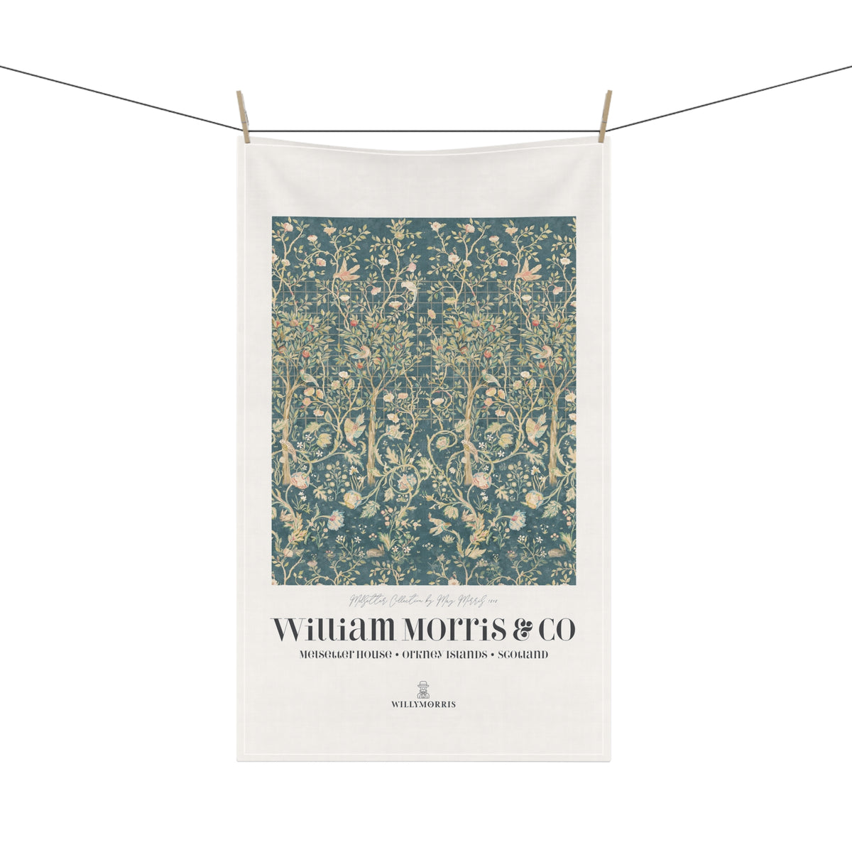 Kitchen Tea Towel designed by May Morris for William Morris & Co in a green floral pattern called Melsetter Collection (Evergreen Teal) an Art Print on a tea Towel