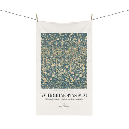 Kitchen Tea Towel designed by May Morris for William Morris & Co in a green floral pattern called Melsetter Collection (Evergreen Teal) an Art Print on a tea Towel