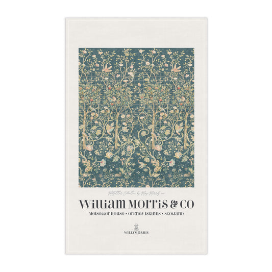 Kitchen Tea Towel designed by May Morris for William Morris & Co in a green floral pattern called Melsetter Collection (Evergreen Teal) an Art Print on a tea Towel