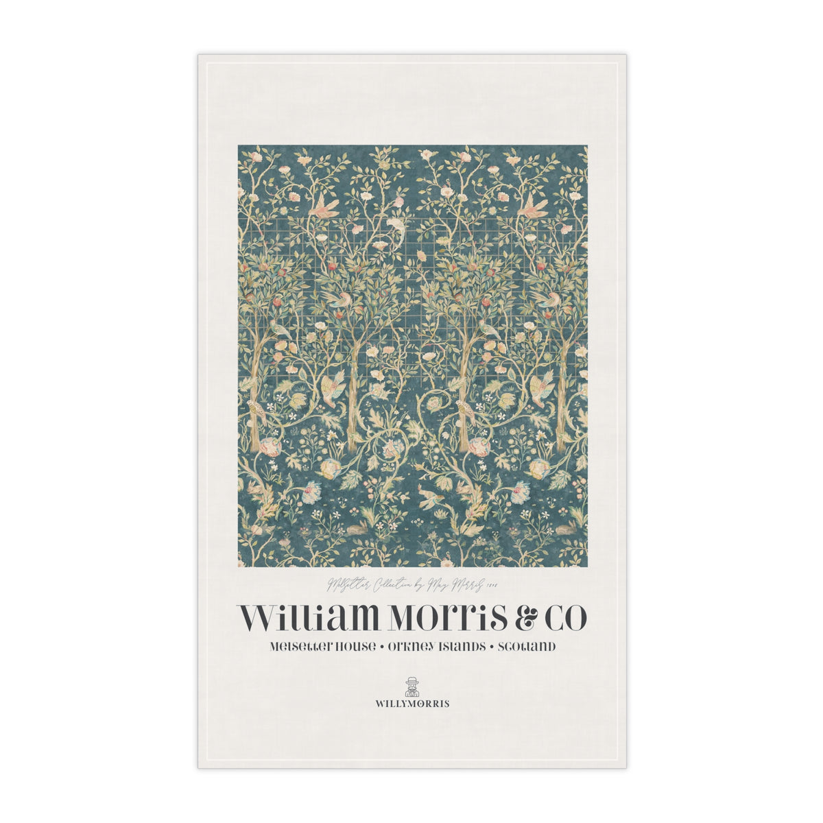Kitchen Tea Towel designed by May Morris for William Morris & Co in a green floral pattern called Melsetter Collection (Evergreen Teal) an Art Print on a tea Towel