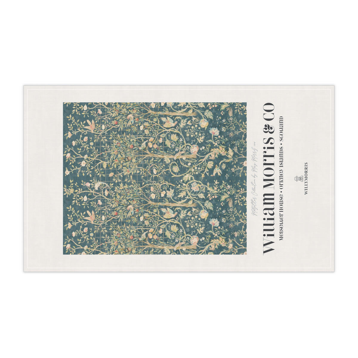 Kitchen Tea Towel designed by May Morris for William Morris & Co in a green floral pattern called Melsetter Collection (Evergreen Teal) an Art Print on a tea Towel
