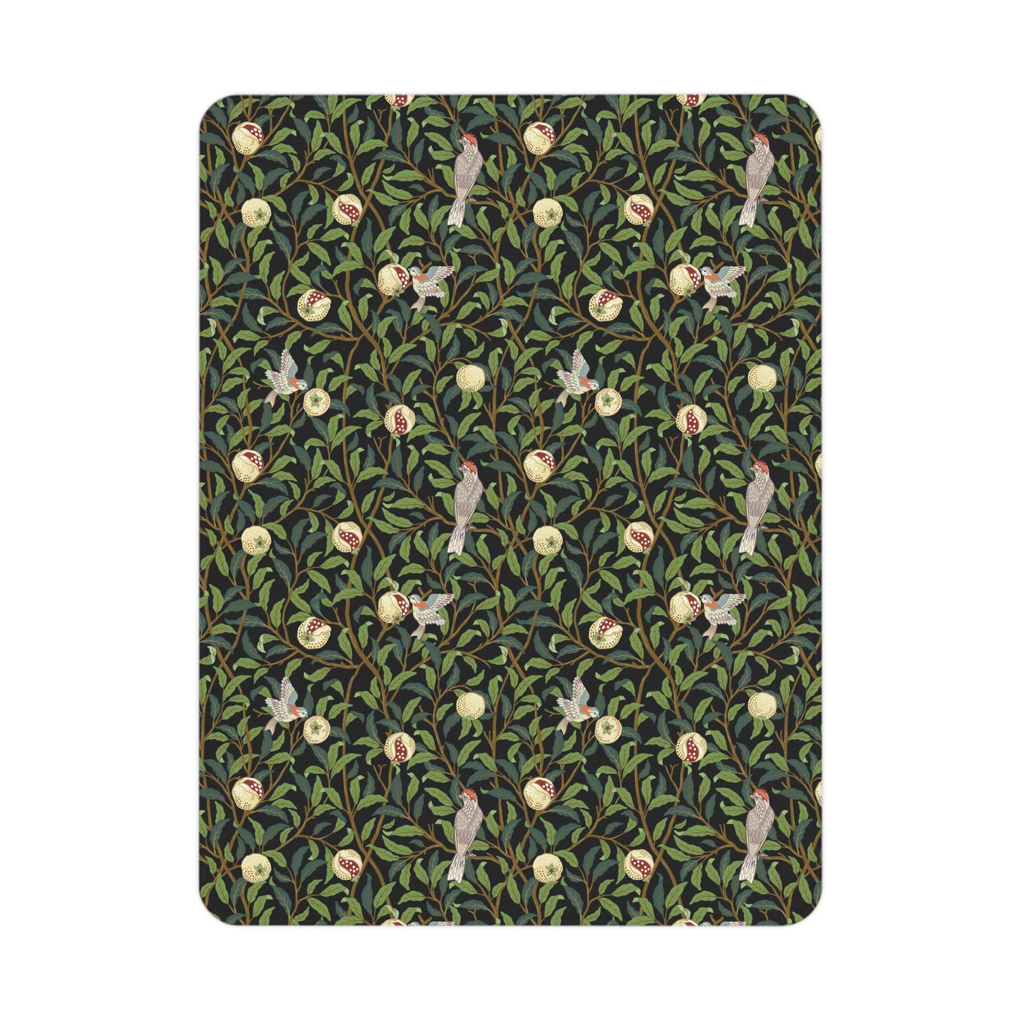 Patterned product with birds and leaves on a green background