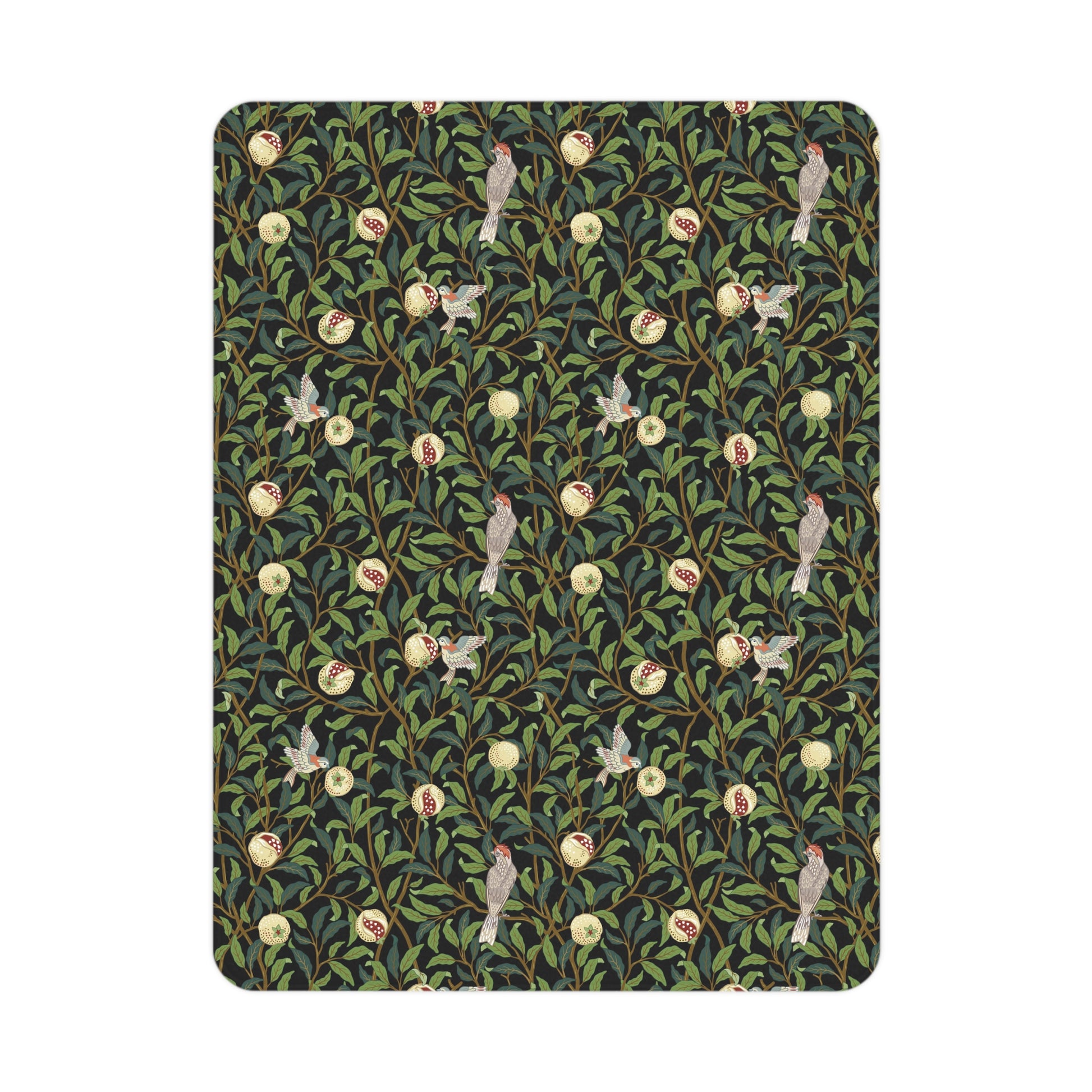 Patterned product with birds and leaves on a green background