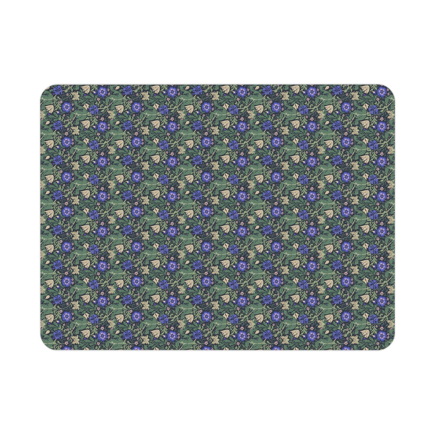Floral patterned mat with blue flowers on a green background