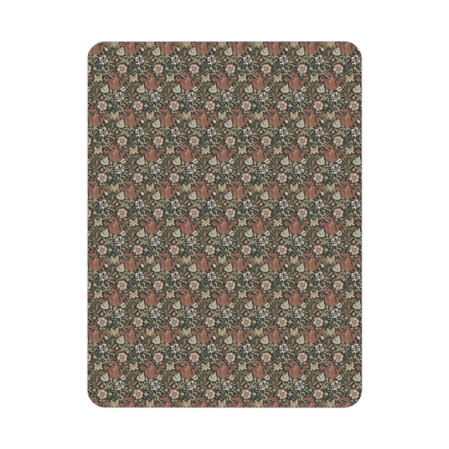 Floral and deer patterned rug on a white background