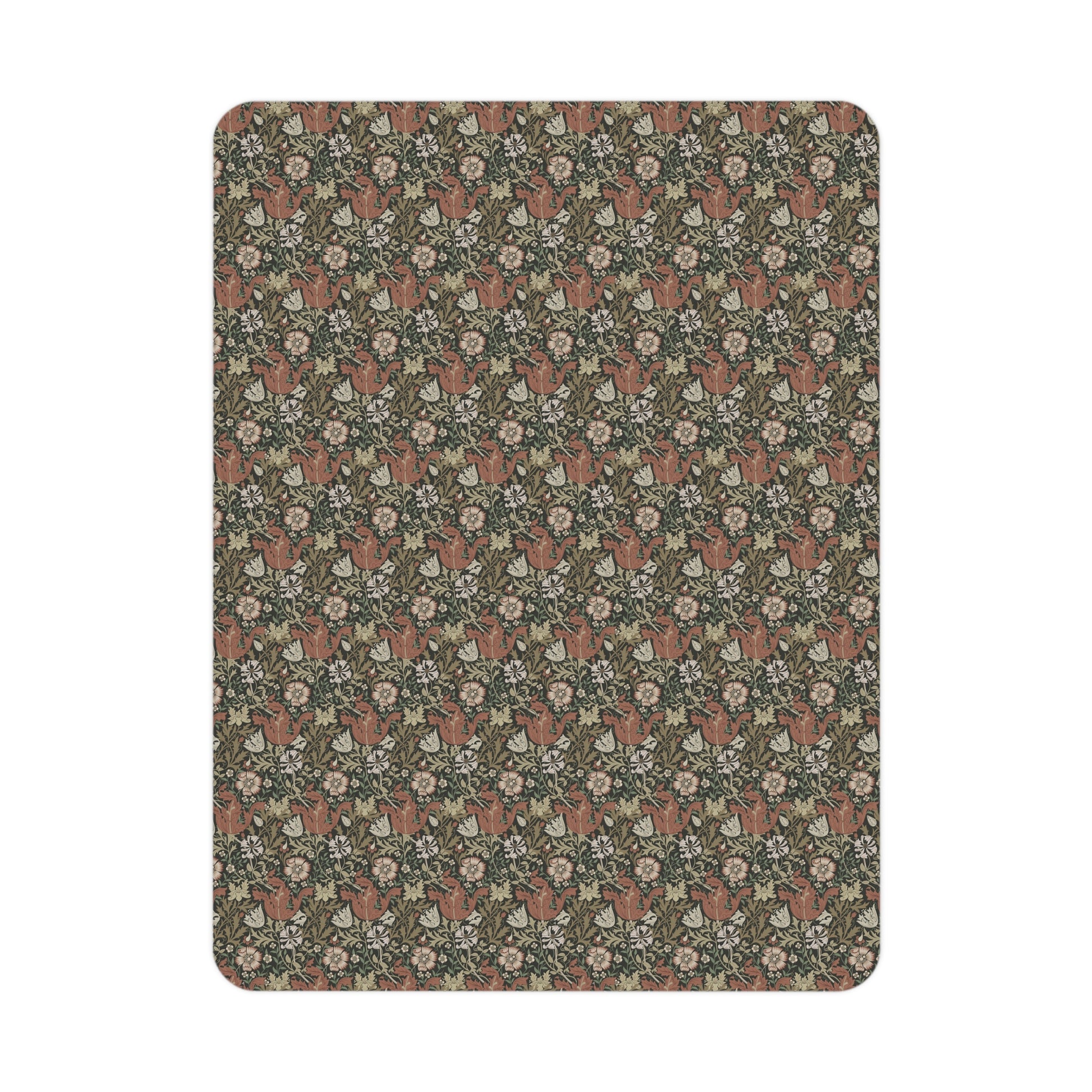 Floral and deer patterned rug on a white background
