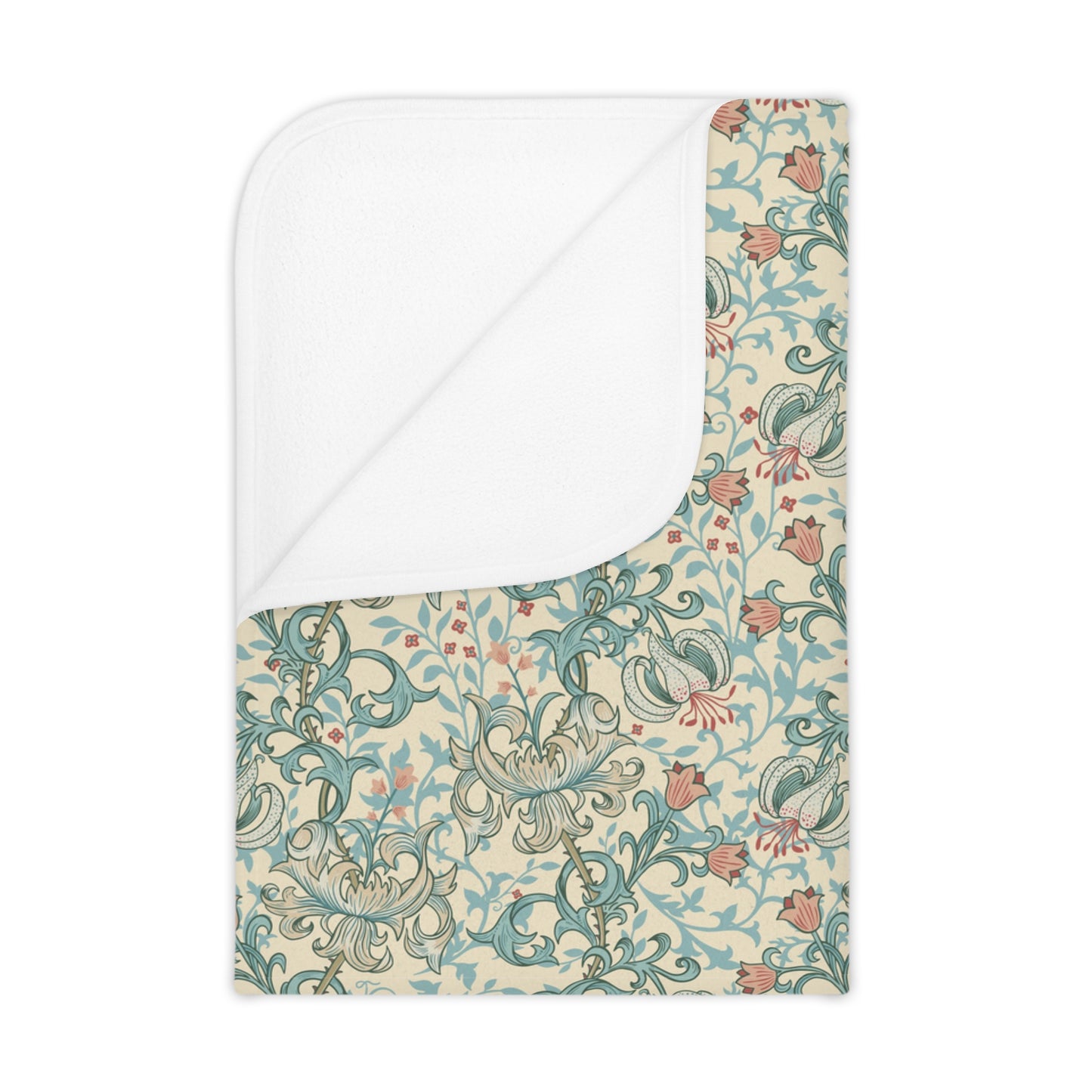 Floral patterned blanket with white border on a beige background