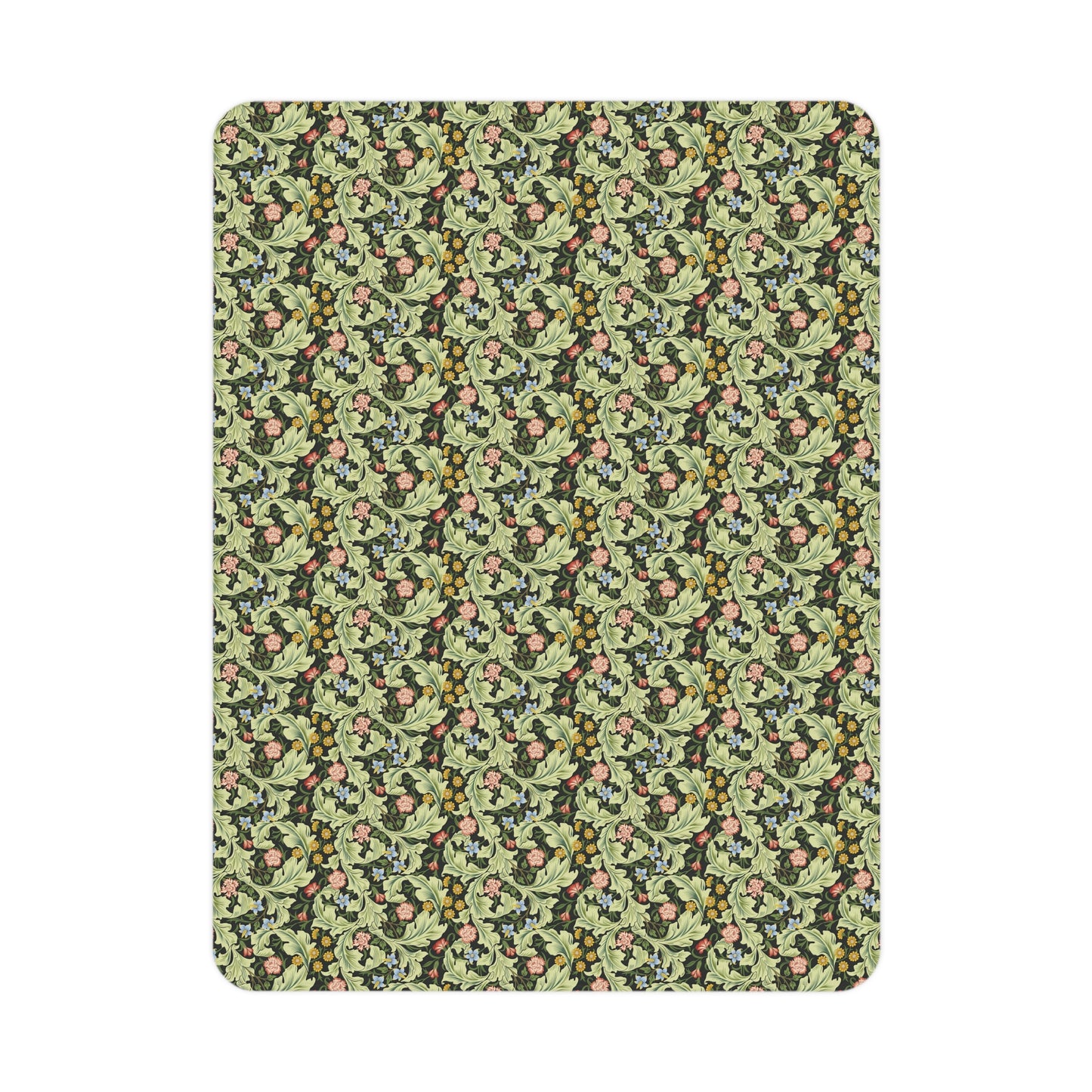 A toddler blanket with a floral pattern in green, inspired by William Morris' Leicester Collection.