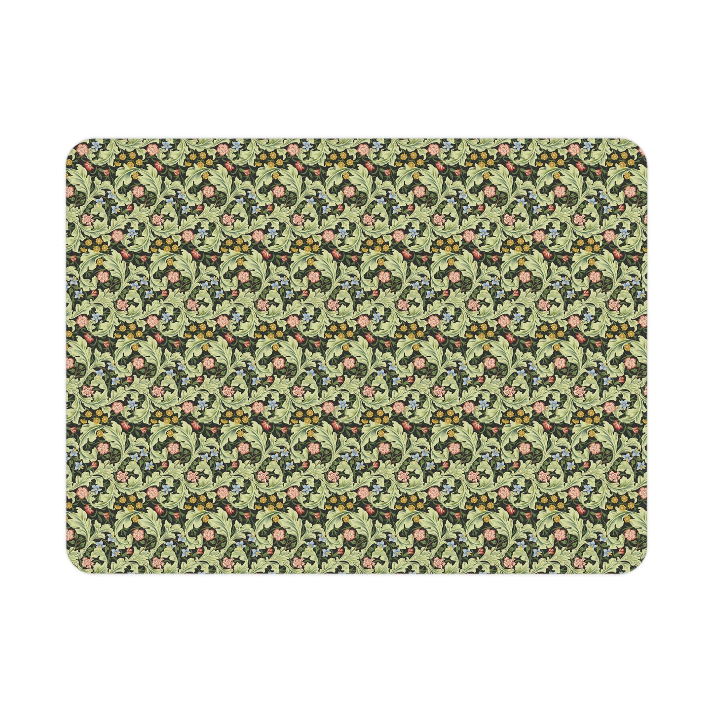 A toddler blanket with a floral pattern in green, inspired by William Morris' Leicester Collection.