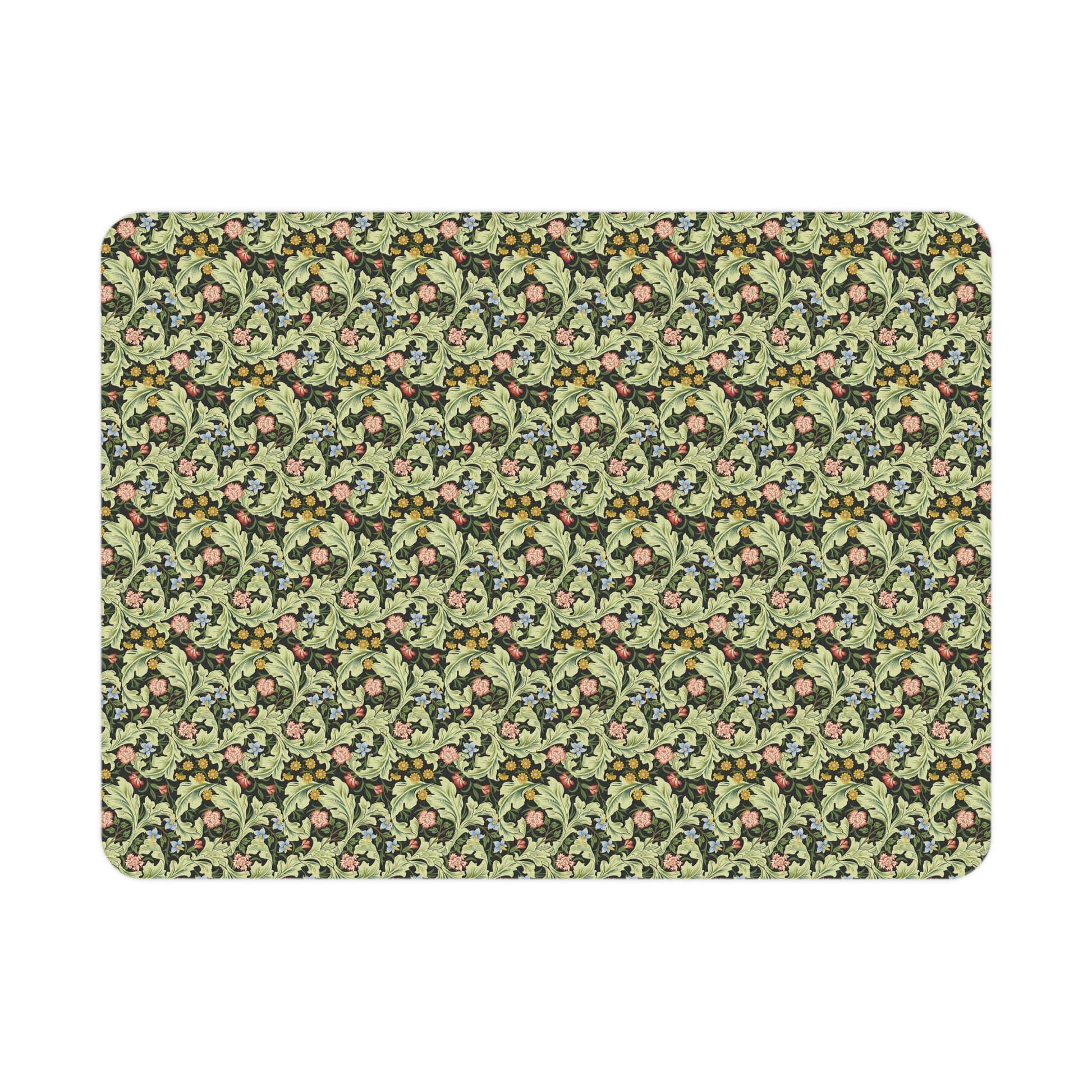 A toddler blanket with a floral pattern in green, inspired by William Morris' Leicester Collection.