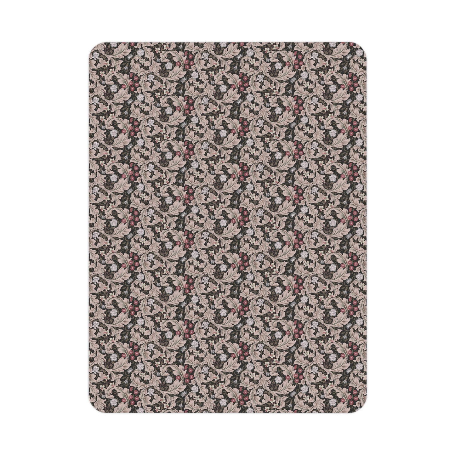 A toddler blanket with a floral pattern inspired by William Morris, in mocha and white colours, folded neatly.