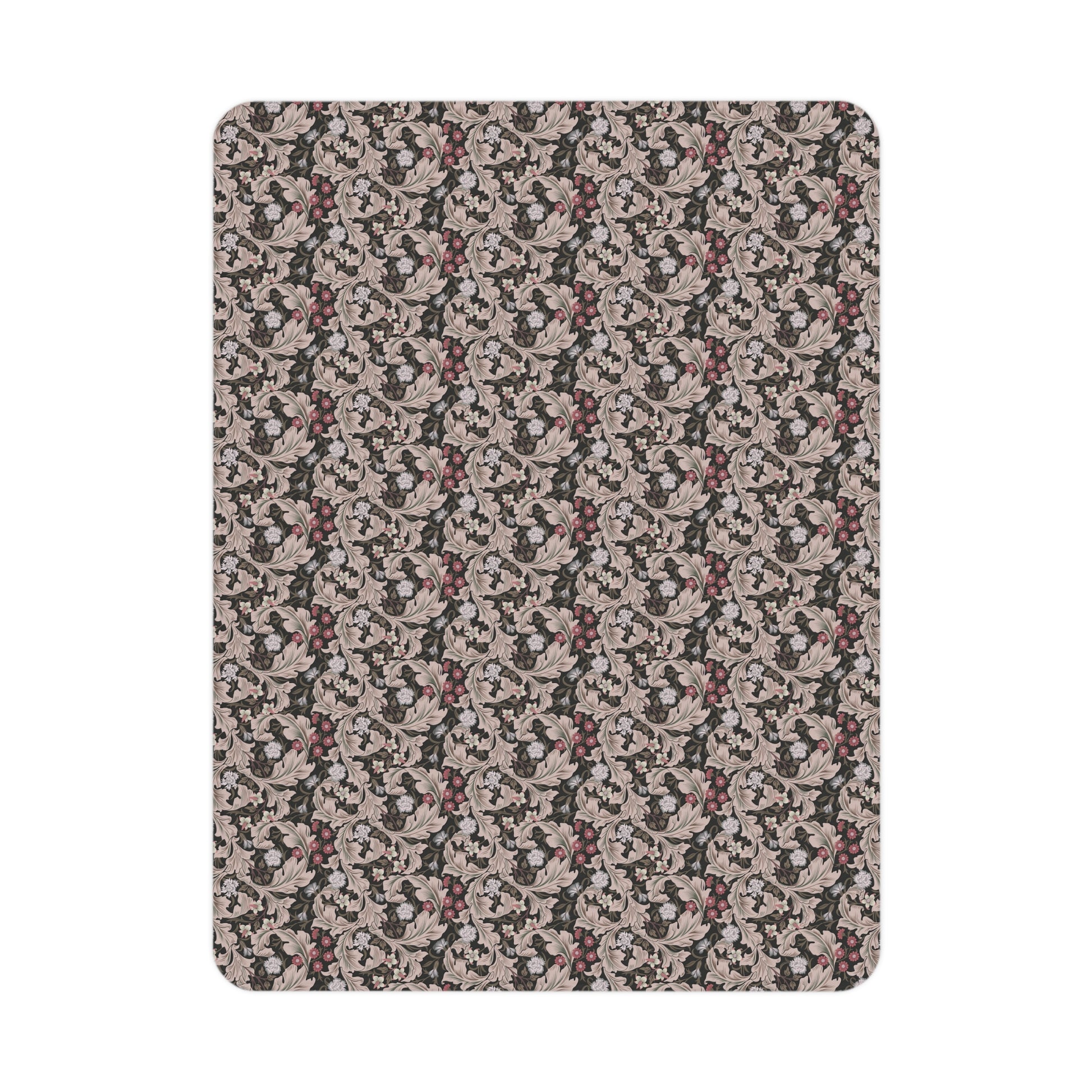 A toddler blanket with a floral pattern inspired by William Morris, in mocha and white colours, folded neatly.