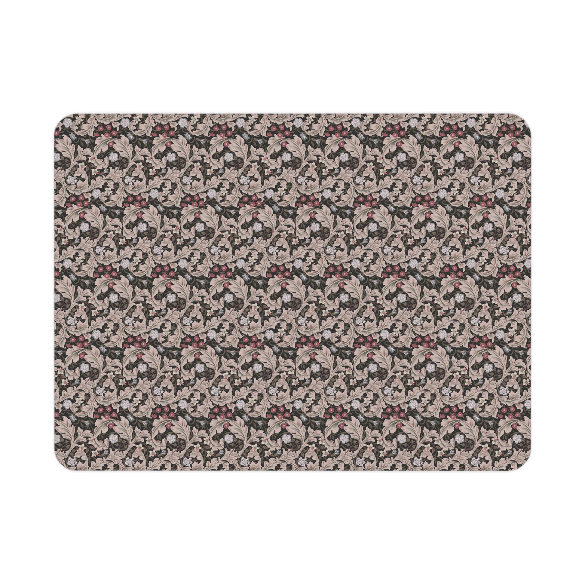 A toddler blanket with a floral pattern inspired by William Morris, in mocha and white colours, folded neatly.