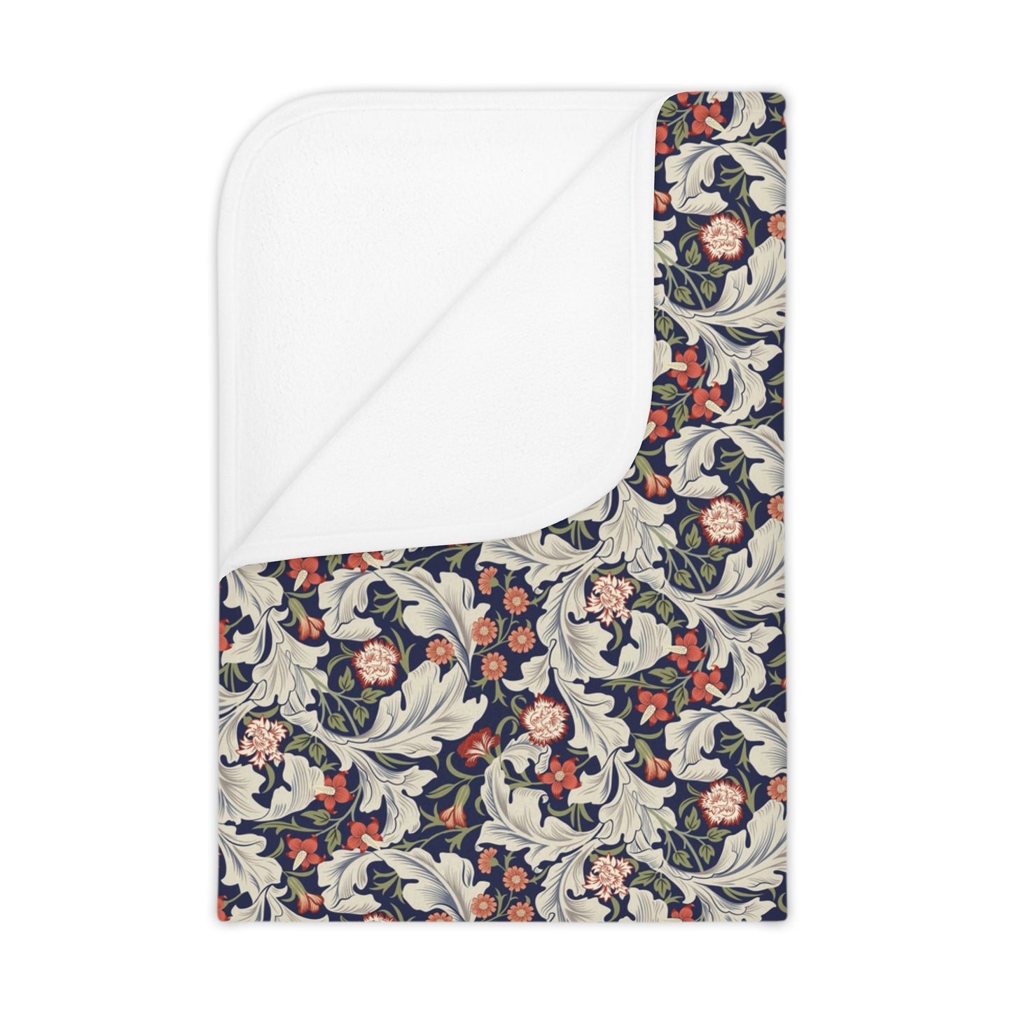 A toddler blanket with a floral pattern inspired by William Morris, in vibrant colors on a white background.