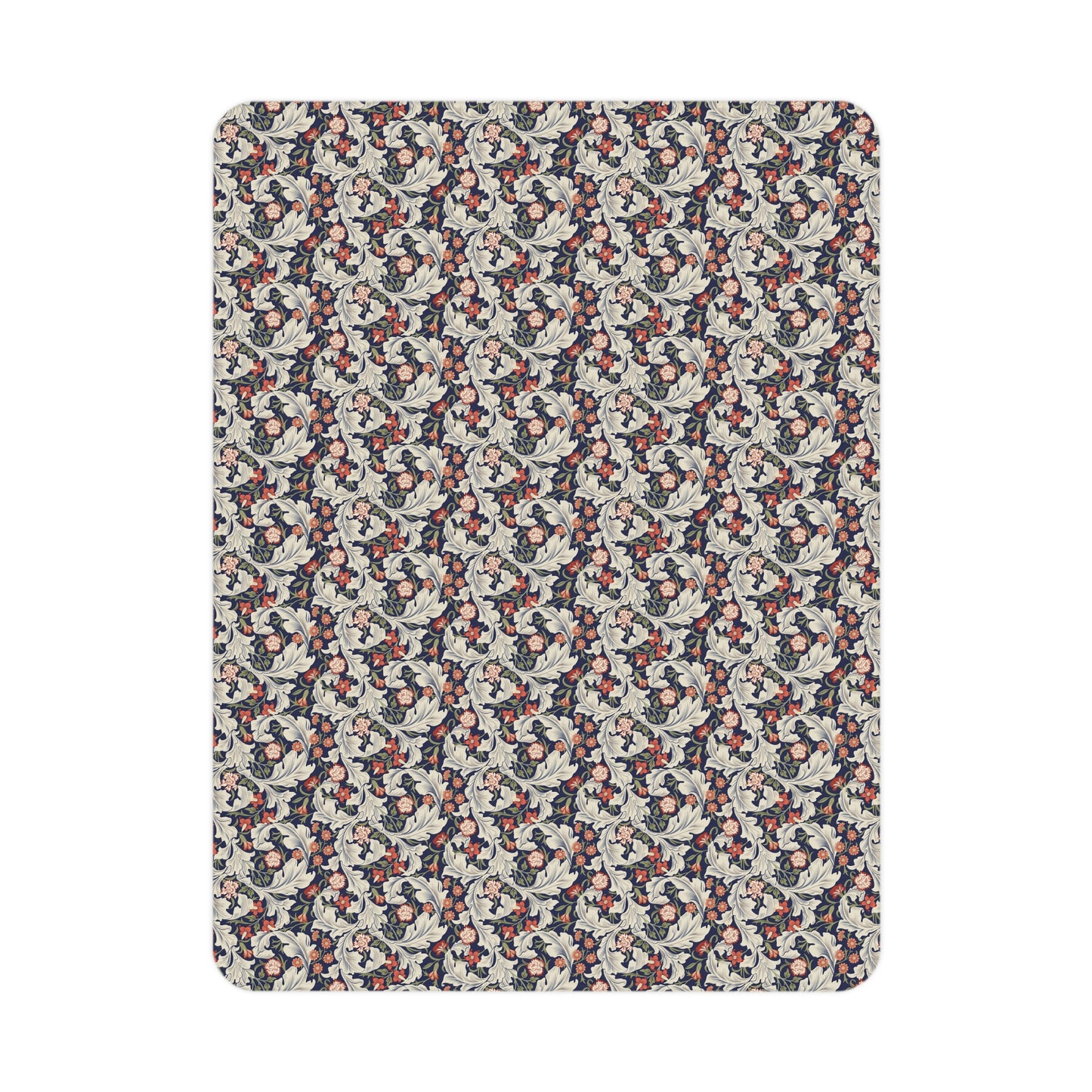 A toddler blanket with a floral pattern inspired by William Morris, in vibrant colours on a white background.