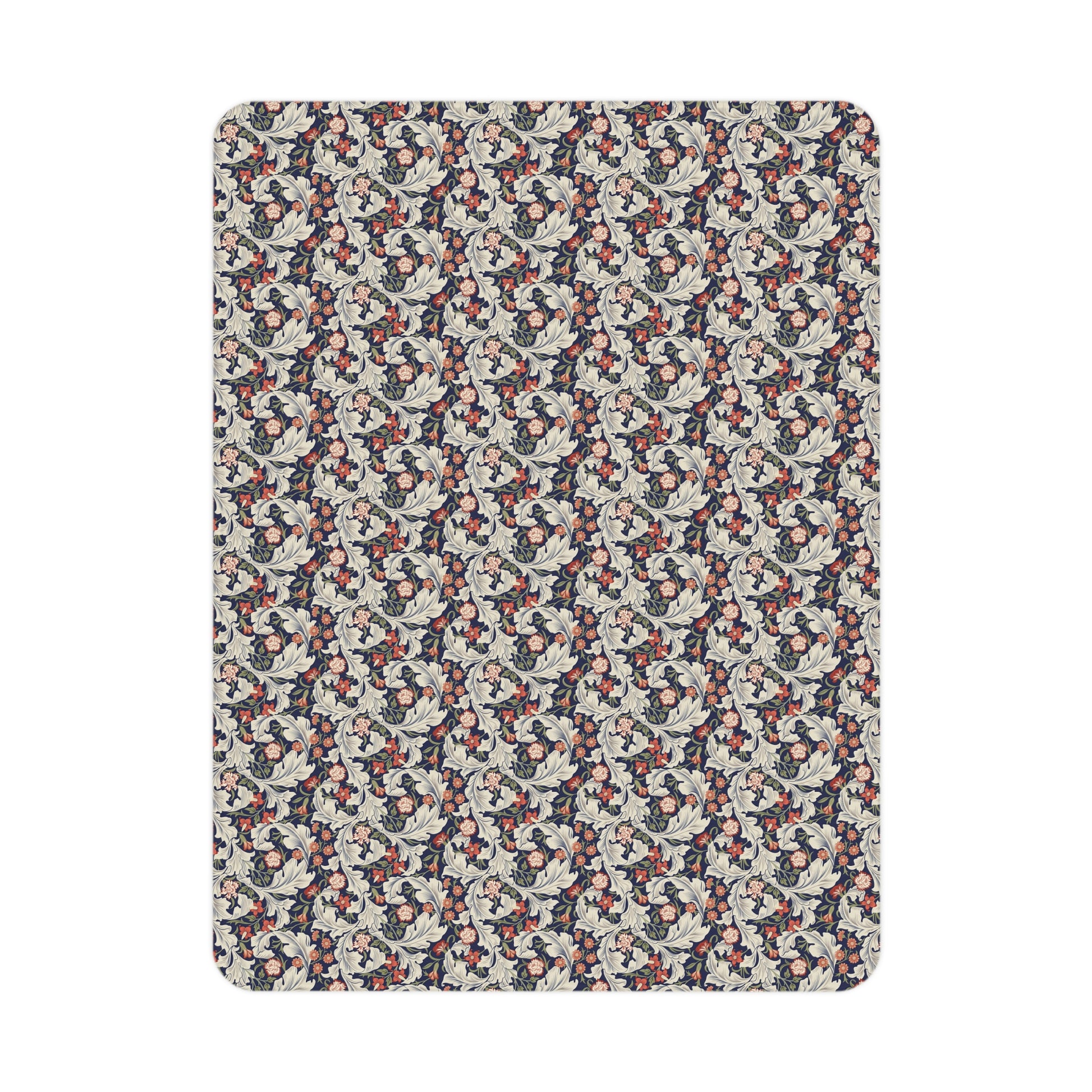 A toddler blanket with a floral pattern inspired by William Morris, in vibrant colours on a white background.