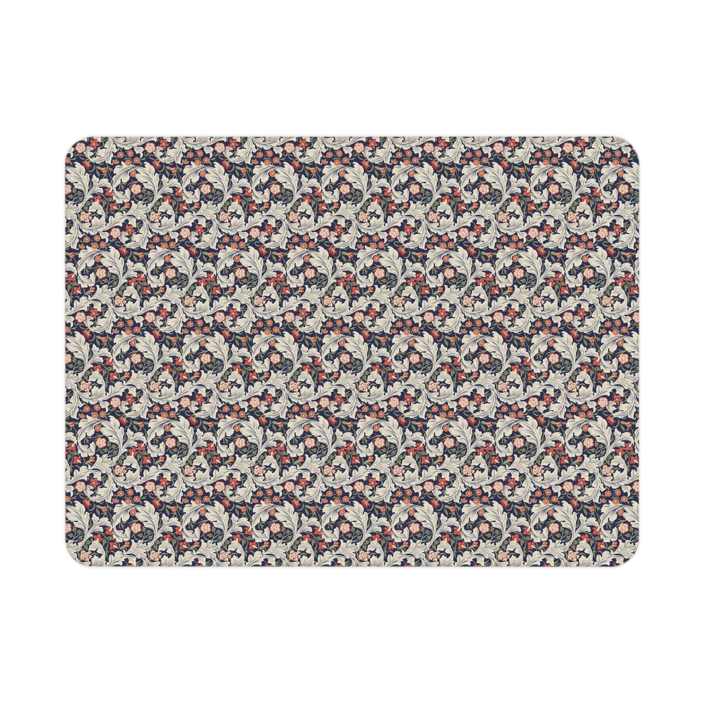 A toddler blanket with a floral pattern inspired by William Morris, in vibrant colours on a white background.