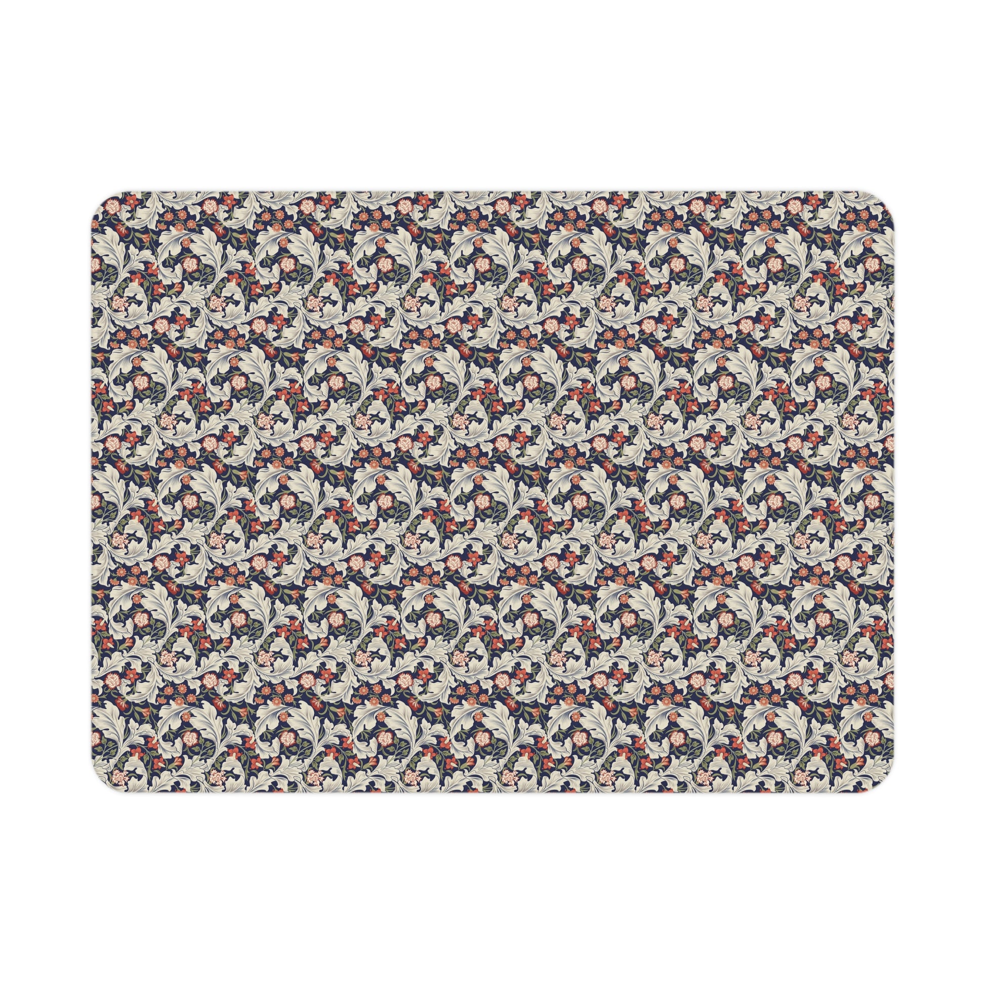 A toddler blanket with a floral pattern inspired by William Morris, in vibrant colours on a white background.