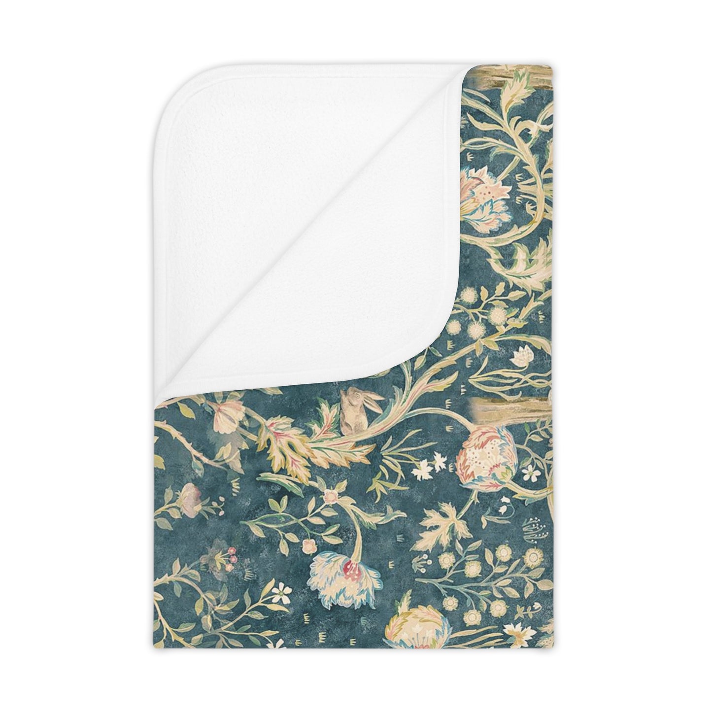 A toddler blanket with a floral William Morris & Co pattern in shades of green, teal, pink, and brown on a white background.