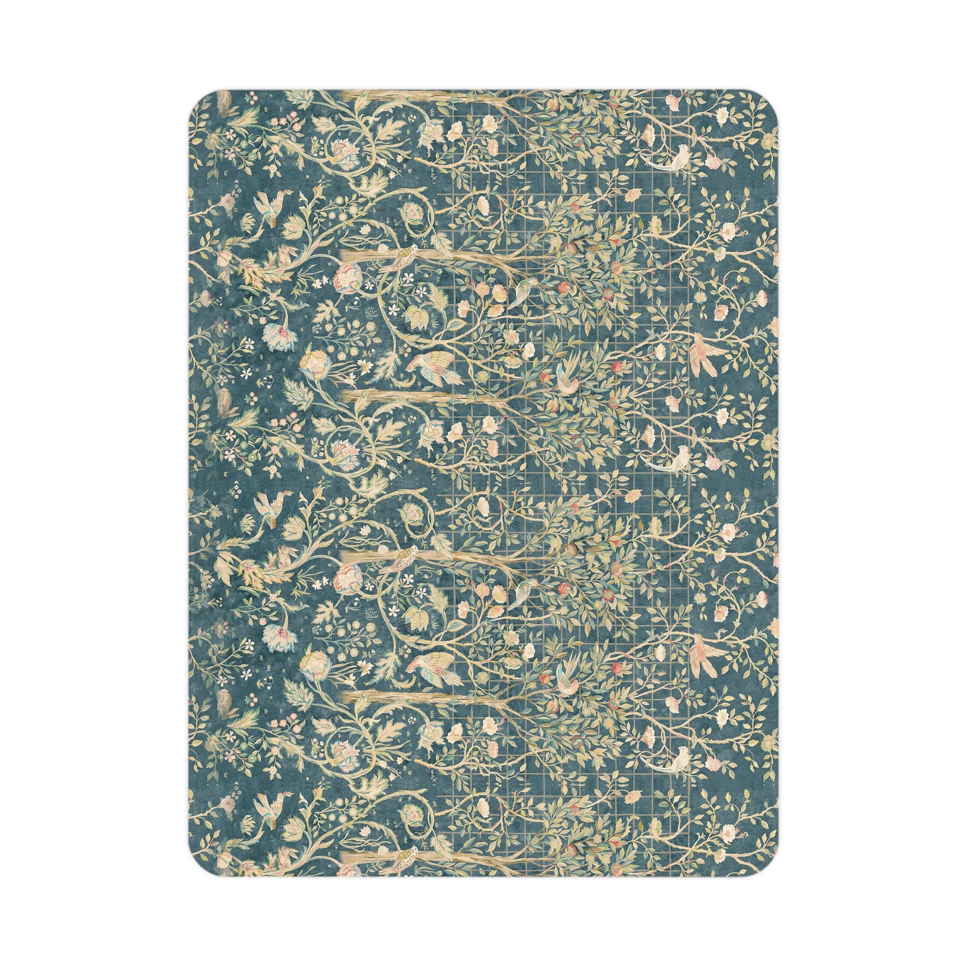 A toddler blanket with a floral William Morris & Co pattern in shades of green, teal, pink, and brown on a white background.